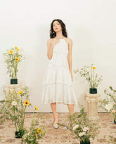 Tiered midi dress in lightweight organza with halter neckline and soft ruffle detailing